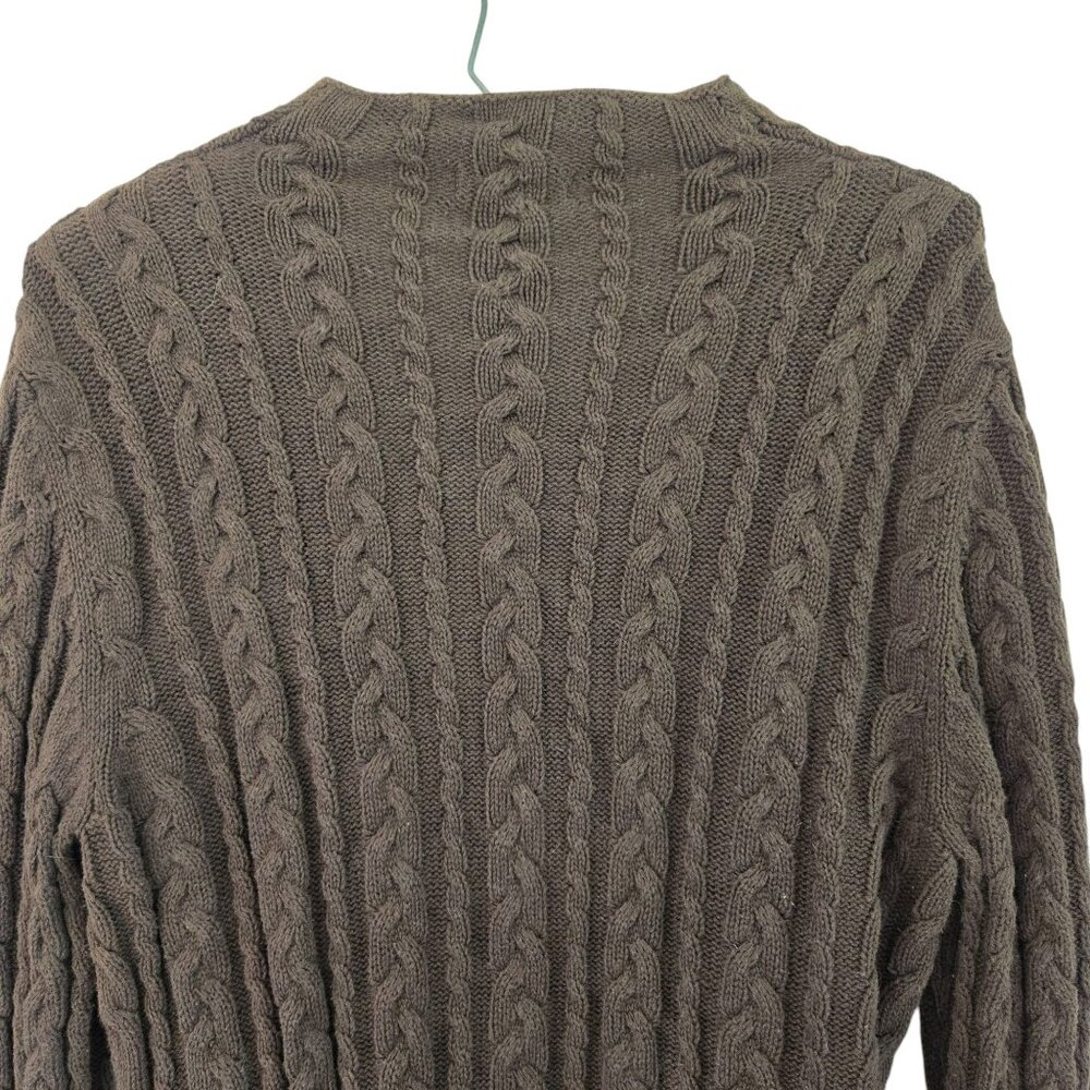 Chaps Cable Knit Brown Cardigan Sweater Large Ribbon Tie Waist Eyelet Cuffs - Picture 8 of 11